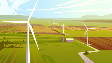 Wind farm in the countryside. Vector illustration