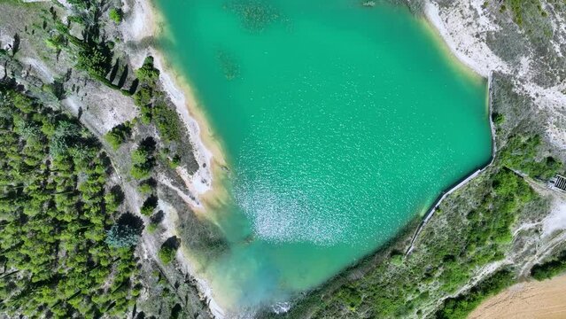 Irrigation pond in the town of Bailo seen from a drone. The Jacetania. Huesca, Aragon, Spain, Europe