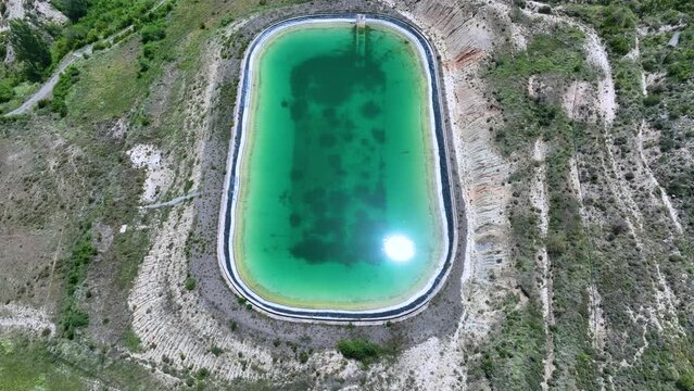 Irrigation pond in the town of Bailo seen from a drone. The Jacetania. Huesca, Aragon, Spain, Europe