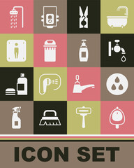 Set Toilet urinal or pissoir, Water drop, tap, Clothes pin, Trash can, Male toilet, Shower and Bottle of liquid soap icon. Vector