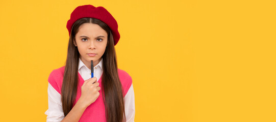 serious kid in beret ready to study. child making notes. teenage student. tween and youth. Banner of schoolgirl student. School child pupil portrait with copy space.