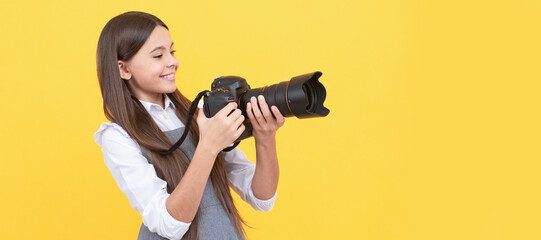 having skills. snapshot. childhood. teen girl taking photo. kid use digital camera. Child photographer with camera, horizontal poster, banner with copy space.