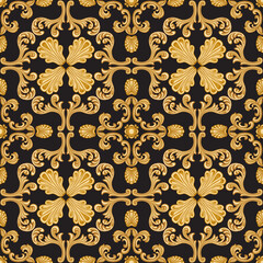 Vector Damask seamless pattern from golden Baroque scrolls, acanthus leaf on a black background. Scarf, bandana, neckerchief, kerchief silk print design, wallpaper, wrapping paper