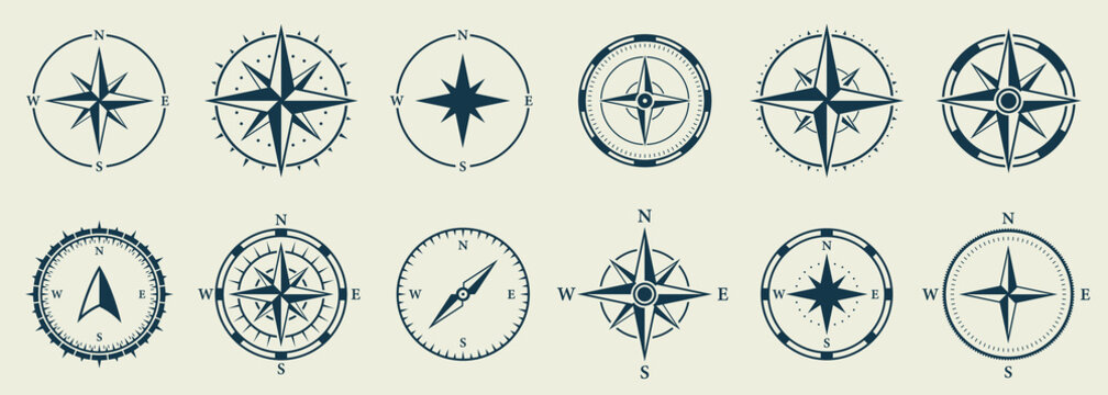 Windrose Silhouette Icon Set. Compass Nautical Navigator Cartography Glyph Pictogram. Rose Wind Navigator Icon. Adventure Direction to North South West East Sign. Isolated Vector Illustration