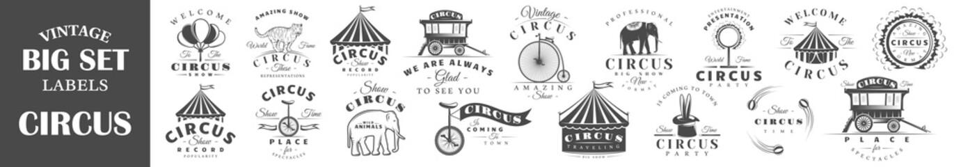 Set of circus labels. Elements for design on the circus theme. Collection of circus symbols: tent, juggler, animals. Modern labels of circus. Emblems and logos of circus. Vector illustration