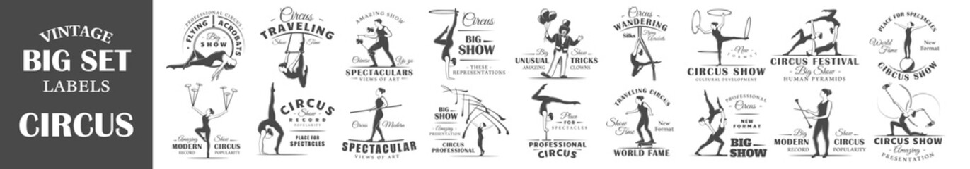 Set of vintage circus labels. Templates for the design of logos and emblems. Collection of circus symbols: trapeze, acrobatic, trick. Vector illustration - obrazy, fototapety, plakaty