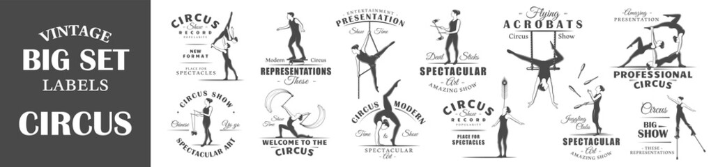 Set of vintage circus labels. Templates for the design of logos and emblems. Collection of circus symbols: trapeze, acrobatic, trick. Vector illustration