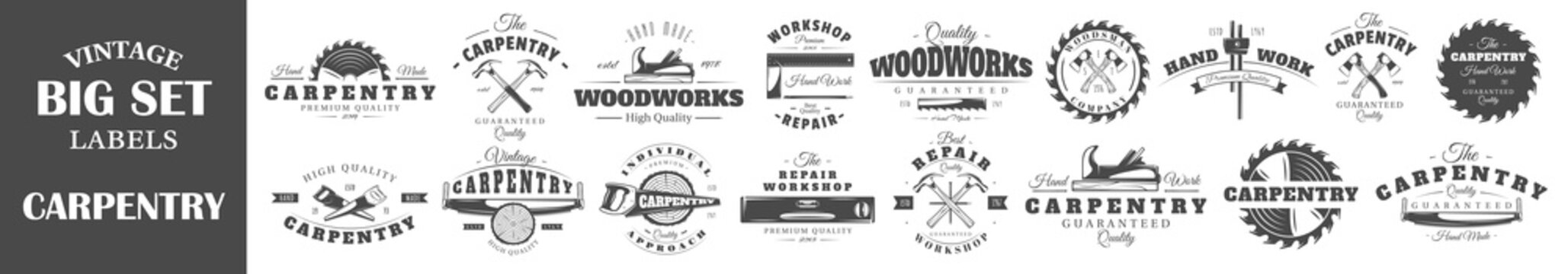 Set of vintage labels carpentry. Posters, stamps, banners and design elements. Vector illustration