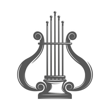 Vintage musical harp isolated on white background. Lyre symbol for logo design. Vector illustration