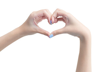 Obraz premium Beautiful female hand shows heart symbol as love sign on a white background in manicure concept.