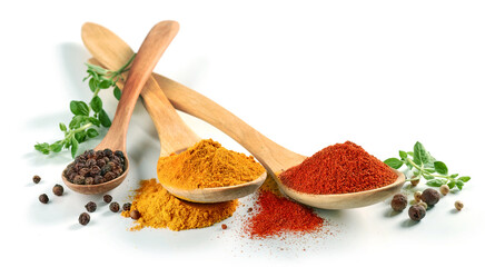 various spices in wooden spoons