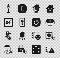 Set House under protection, Smart electrical outlet, Water sensor, Mobile with smart home, key, Thermostat, Vacuum cleaner and icon. Vector