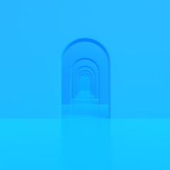Blue arch hallway corridor, abstract background, minimal conceptual, 3D rendering Illustration
