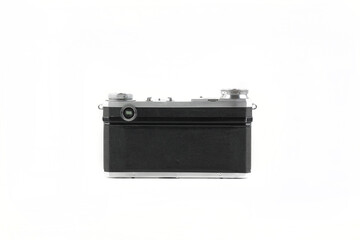 Old vintage rangefinder film camera on white background.