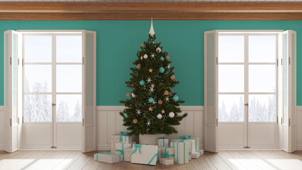 Fototapeta premium Christmas interior design, living room with parquet floor in white and turquoise tones, wooden ceiling and panoramic windows on winter landscape. Party decorations, contemporary style