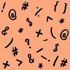 pattern with the image of keyboard symbols. Punctuation marks. Template for applying to the surface. pastel red orang background. Square image.