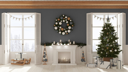 Christmas interior design, living room with fireplace in white and gray tones, decorated tree and panoramic windows on winter landscape. New year party, contemporary style
