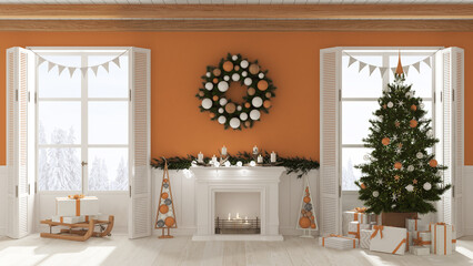 Obraz na płótnie Canvas Christmas interior design, living room with fireplace in white and orange tones, decorated tree and panoramic windows on winter landscape. New year party, contemporary style