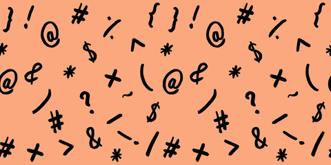 pattern with the image of keyboard symbols. Punctuation marks. Template for applying to the surface. pastel red orang background. Banner for insertion into site.
