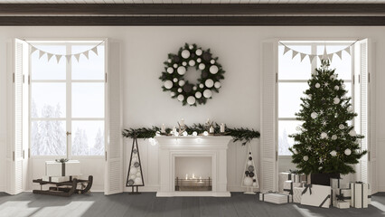 Christmas interior design, living room with fireplace in white and dark tones, decorated tree and panoramic windows on winter landscape. New year party, contemporary style