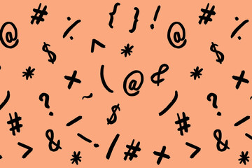 pattern with the image of keyboard symbols. Punctuation marks. Template for applying to the surface. pastel red orang background