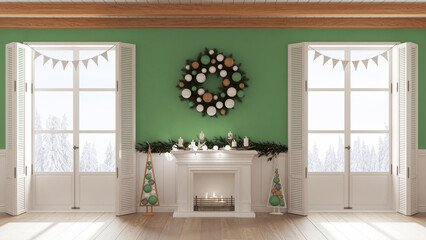 Christmas interior design, living room with fireplace in white and green tones, wooden beam ceiling and panoramic windows on winter landscape. Party decorations, contemporary style
