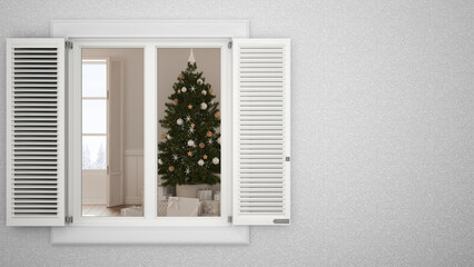 Exterior plaster wall with white window with shutters, showing Christmas living room with tree, blank background with copy space, architecture design concept idea, mockup template