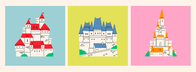 Set of three Medieval Castles. Royal kingdom towers, fortified palace. Old towers, fortress or fairy-tale stone castle. Cartoon style. Hand drawn colored trendy Vector illustration © Dariia