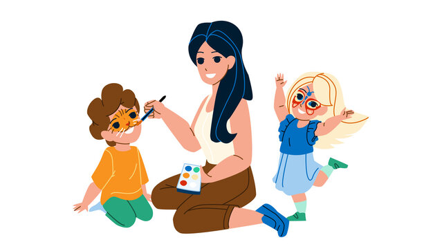 Woman Painting Children Face With Paint Vector. Young Lady Painting Children Face, Schoolboy Like Tiger And Schoolgirl With Butterfly. Characters Enjoying Together Flat Cartoon Illustration