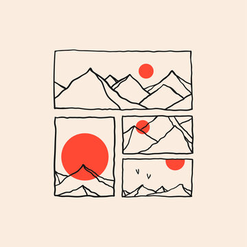 Outline Mountains, red round sun or moon. Various landscapes set. Abstract modern design. Hand drawn trendy Vector illustrations. Different patterns. Poster, print template 