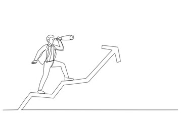 Drawing of businessman team manager using telescope to see future standing on top of rising arrow market graph. Investor fortune or profit growth. Single line art style