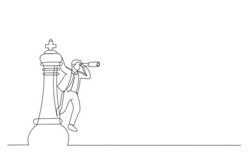 Cartoon of business man leader on king chess piece using telescope to see business strategy. Business planning decision making concept. Single continuous line art style