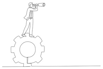 Illustration of businessman standing on gears looks through a telescope.. One line art style