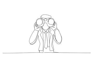 Drawing of young man using binoculars. Single line art style