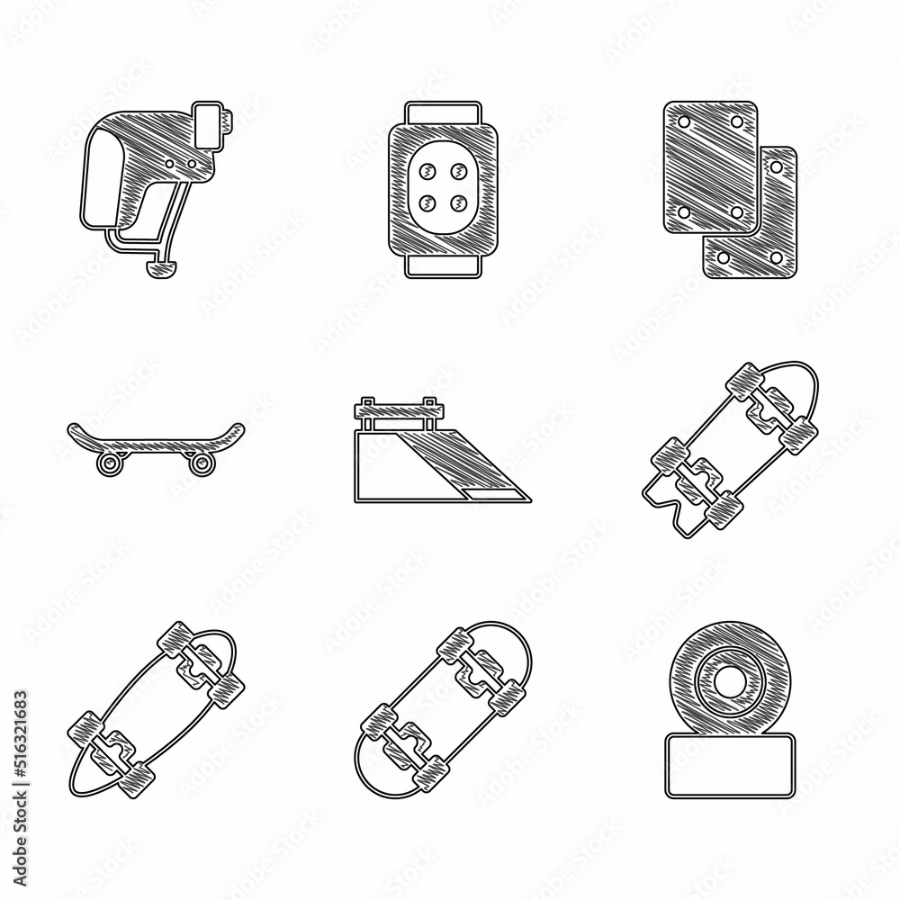 Poster Set Skate park, Skateboard, wheel, Longboard or skateboard, Knee pads and helmet icon. Vector