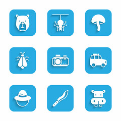 Set Photo camera, Machete, Hippo or Hippopotamus, Car, Camping hat, Mosquito, Mushroom and Bear head icon. Vector