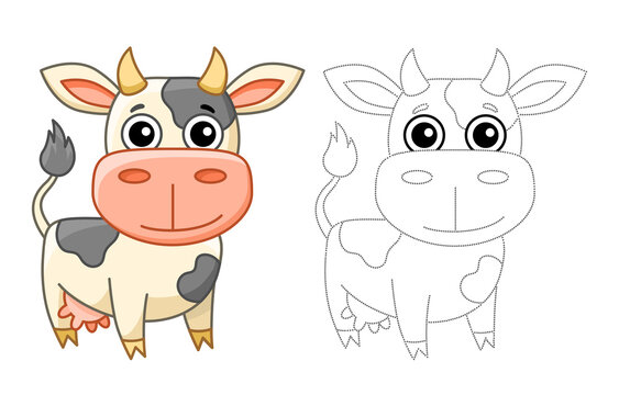 Farm animal for children coloring book. Vector illustration of funny cow in a cartoon style. Trace the dots and color the picture
