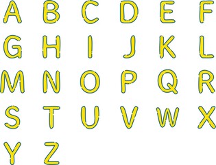 アルファベット　セット　手描き　破線　シンプル　青色　黄色