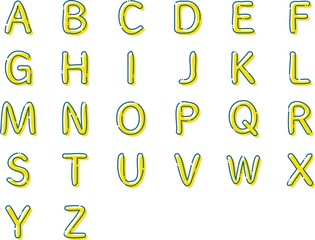 アルファベット　セット　手描き　破線　シンプル　青色　黄色