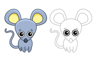 Farm animal for children coloring book. Vector illustration of funny mouse in a cartoon style. Trace the dots and color the picture