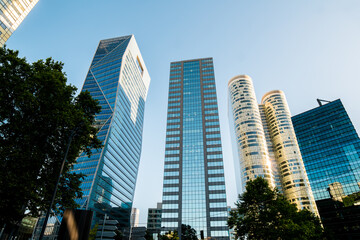 Reflective skyscrapers, business office buildings. Business and finance background of building. cityscape. skyscrapers in city. Skyscraper Business Office building. France. Paris. 