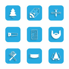 Set Wooden beam, Two-handed saw, Christmas tree, Mustache beard, logs on stand, Hand, Metallic nail and icon. Vector