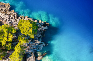 Croatia. Aerial view on rocks and forest. Vacation and adventure. Rocks and turquoise water. Top...