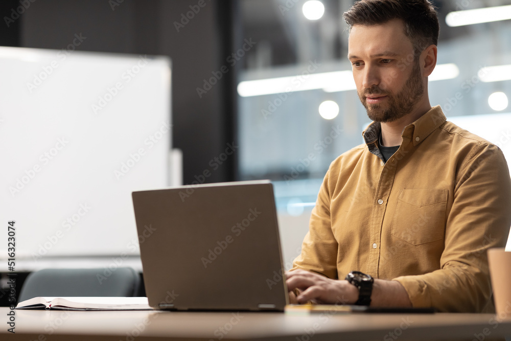 Poster Businessman Browsing Internet Using Laptop Computer Working Online In Office