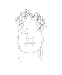 Trendy woman's face fashion illustration in one line art style. Continuous art modern vector illustration with face silhouette  on white background. Tattoo, print or fashion concept