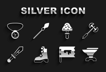Set Ancient viking boots, Medieval poleaxe, Anvil for blacksmithing, Viking flag, sword, Mushroom, Necklace with gem and spear icon. Vector
