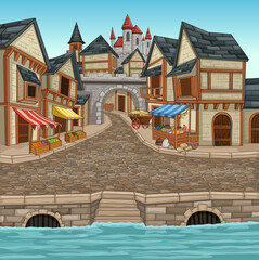 Cartoon medieval town. Middle age village.  Ancient city.
- 516323887