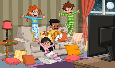 Group of cartoon children jumping on sofa watching tv. Kids wearing pajamas in the living room.
- 516324035