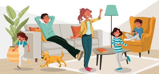 Happy cartoon family in the living room. - 516324049