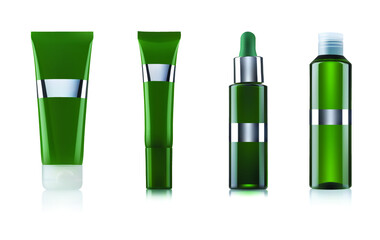 A group of highly realistic images of green plastic containers with cosmetic products isolated on a white background.